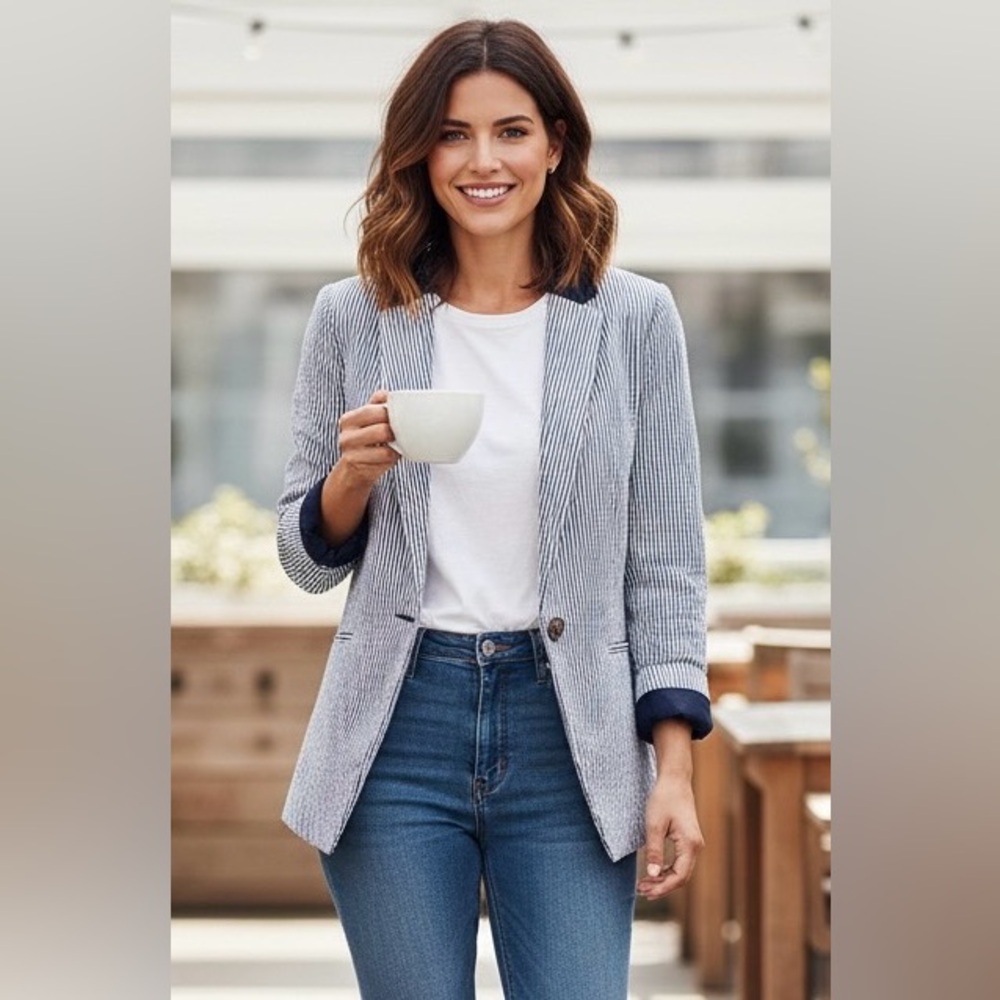 Mango white dark blue stripes blazer, single button closure, mock pockets, 2